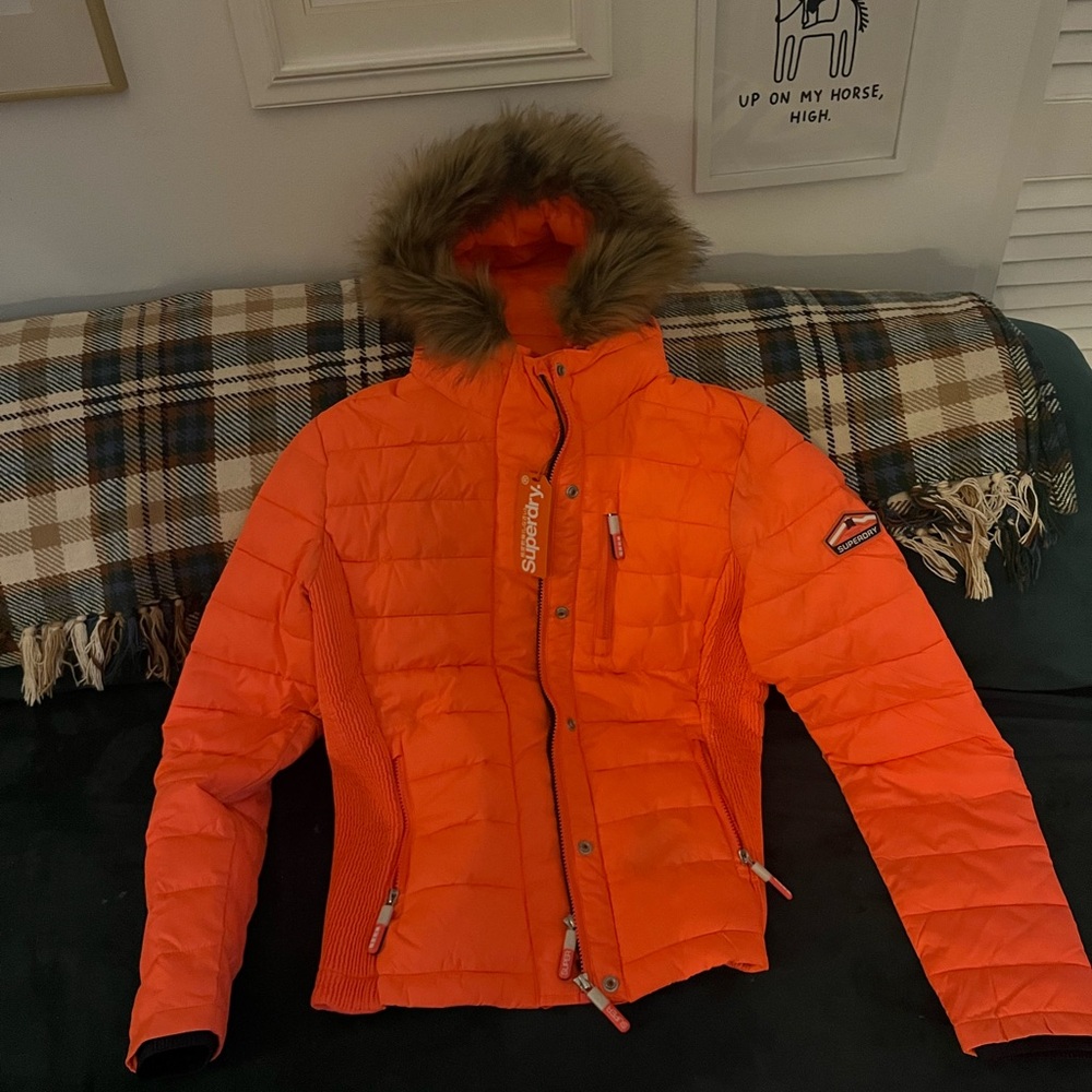 Superdry Orange Puffer Jacket with Fur Hood- New with tags!